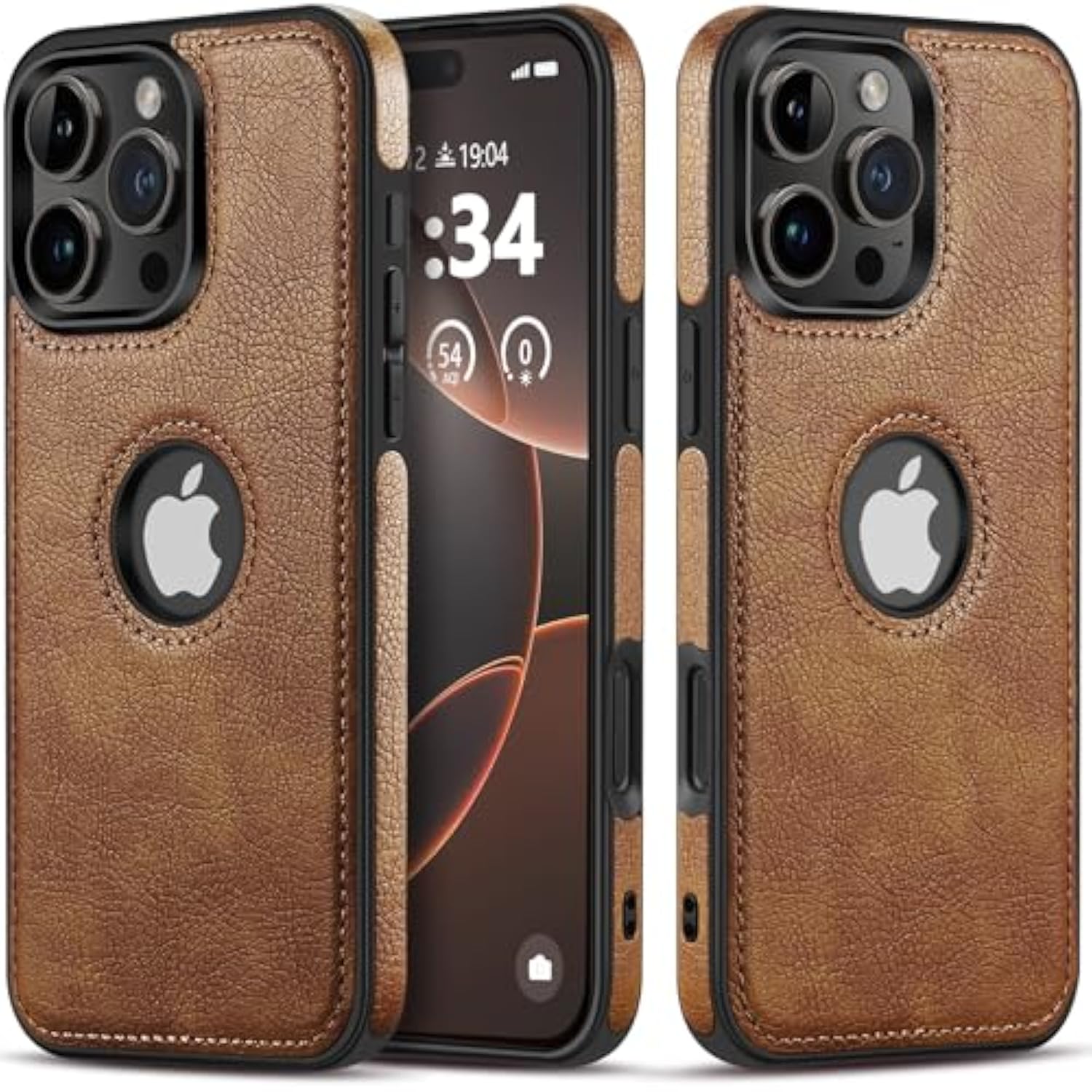 Logo Visible Compatible With Iphone 16 Pro Case Luxury Vegan Leather Ultra Slim Business Cover 2024 6.3 Inch (Brown)