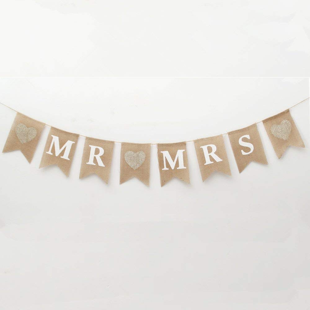 8 Pcs/Set MR and MRS Burlap Banner, Wedding Hanging Banner for Wedding Photo Props, Table or Backdrop Decorations