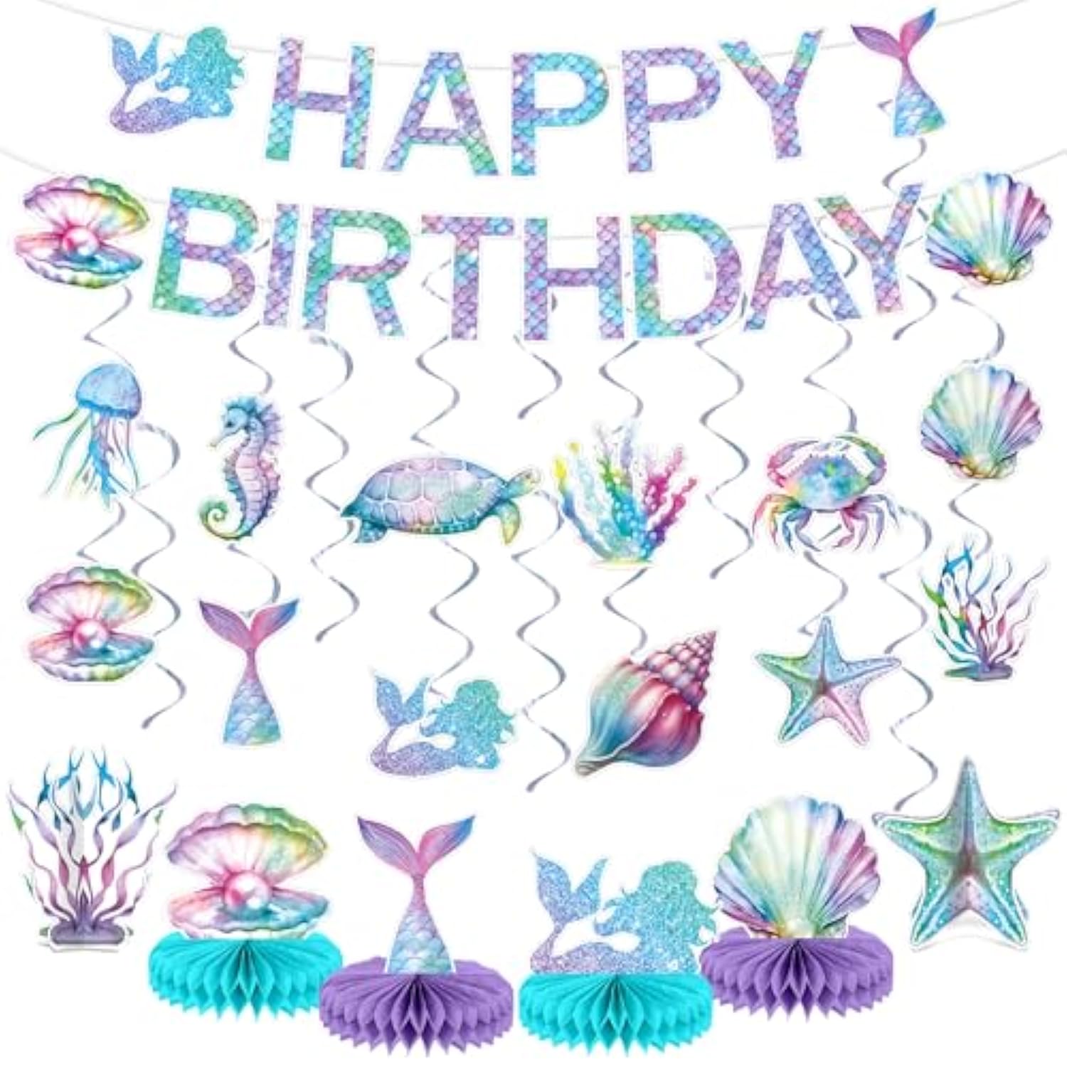 Mermaid Birthday Decorations Mermaid Party Honeycomb Centerpieces, Hanging Swirls Happy Birthday Banner Kit Ocean Mermaids Cutouts For Kids Under The Sea Baby Shower Party Supplies