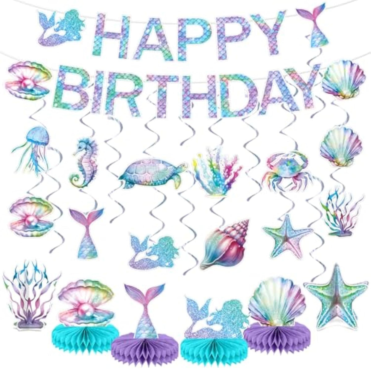 Mermaid Birthday Decorations Mermaid Party Honeycomb Centerpieces, Hanging Swirls Happy Birthday Banner Kit Ocean Mermaids Cutouts For Kids Under The Sea Baby Shower Party Supplies