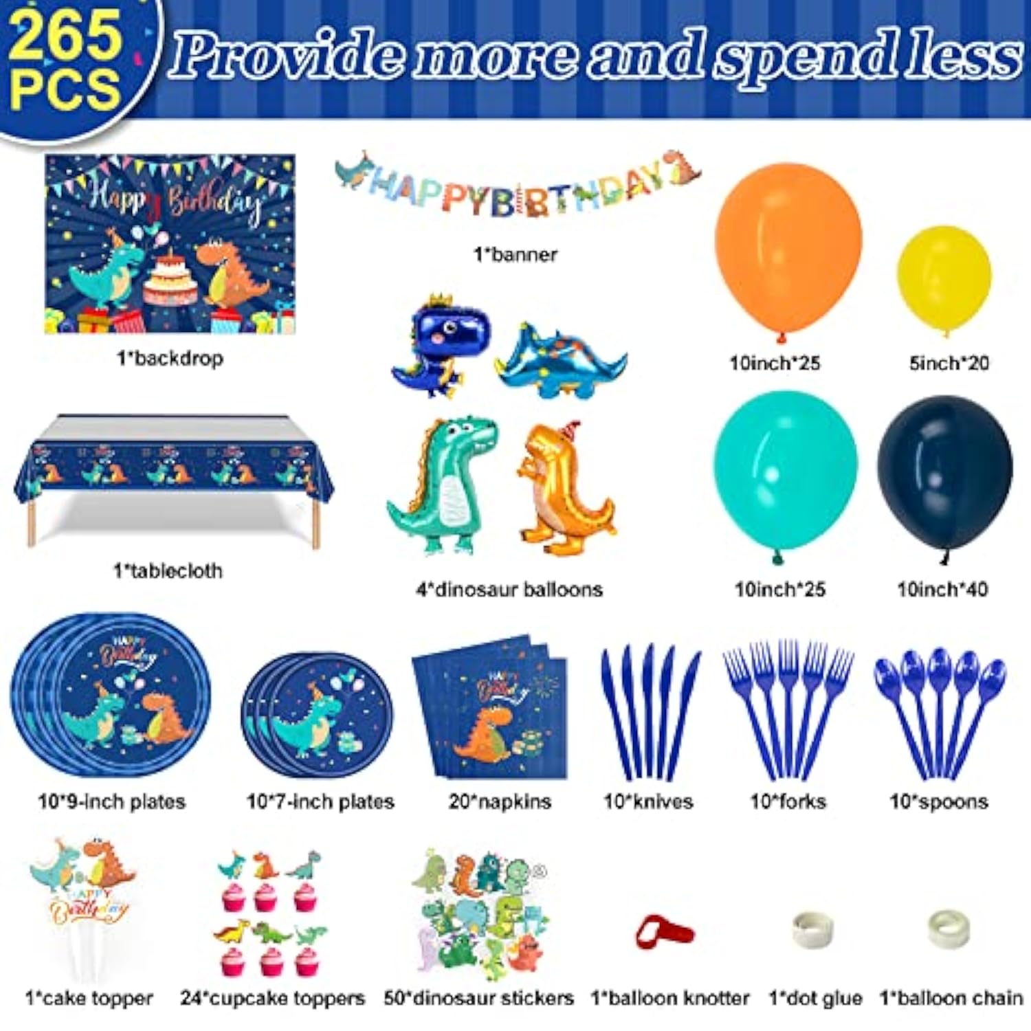 265PCS Blue Dinosaur Birthday Party Set – Balloons, Banner, Backdrop, Tableware & Cake Toppers