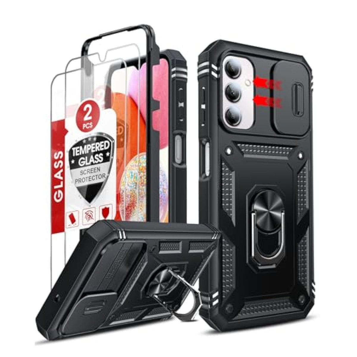 Compatible For Samsung Galaxy A14-5G Case: A14-5G Case With Slide Camera Cover And 2Ps Tempered Glass Screen Protector, 360 Full Body Military-Grade Phone Case With Kickstand For A14 5G, Black