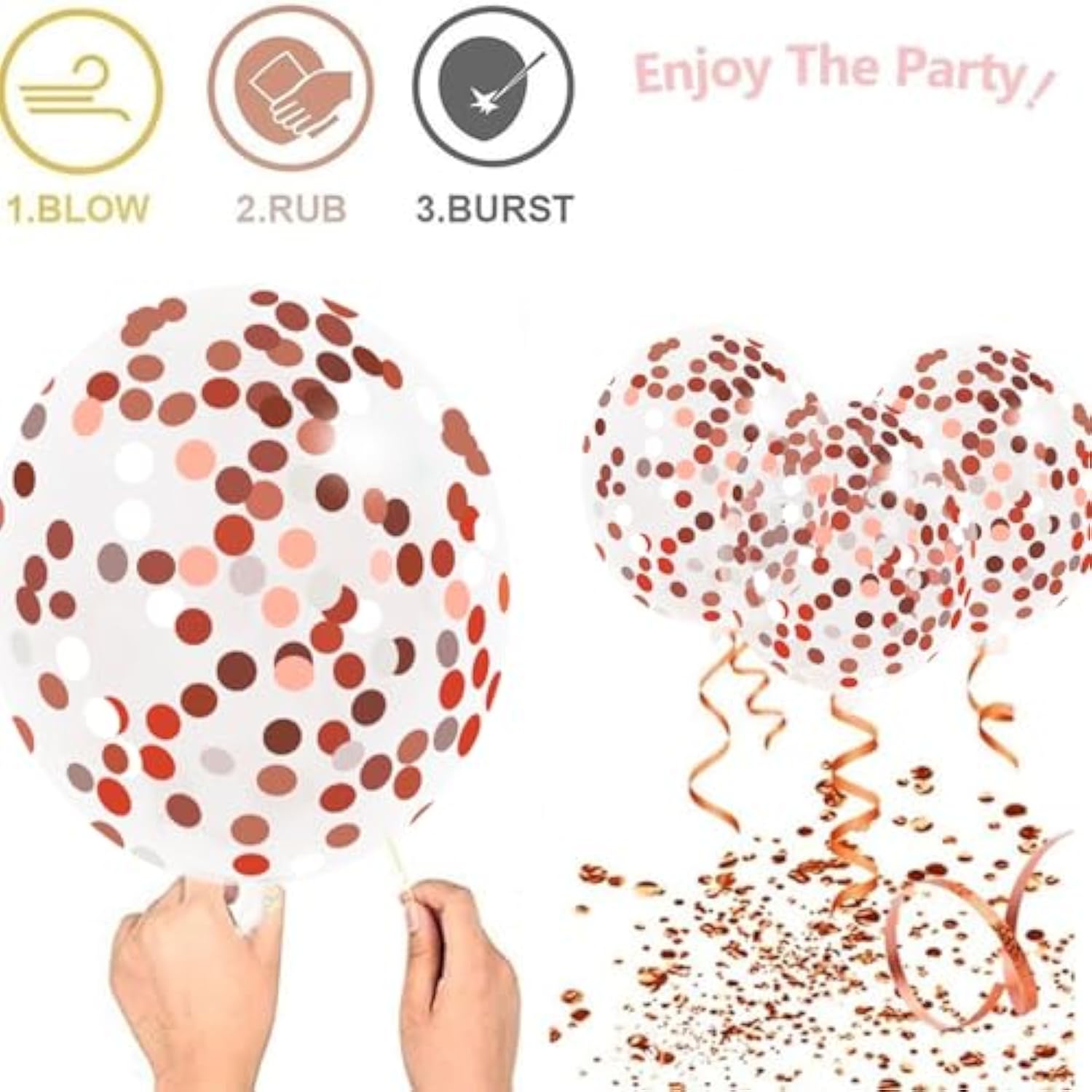 Rose Gold Confetti Balloons, 50 Pack 12 Inch White And Rose Gold Latex Balloons With 33 Feet Rose Gold Ribbon For Birthday Party Wedding Graduation Bridal Shower Decorations.…