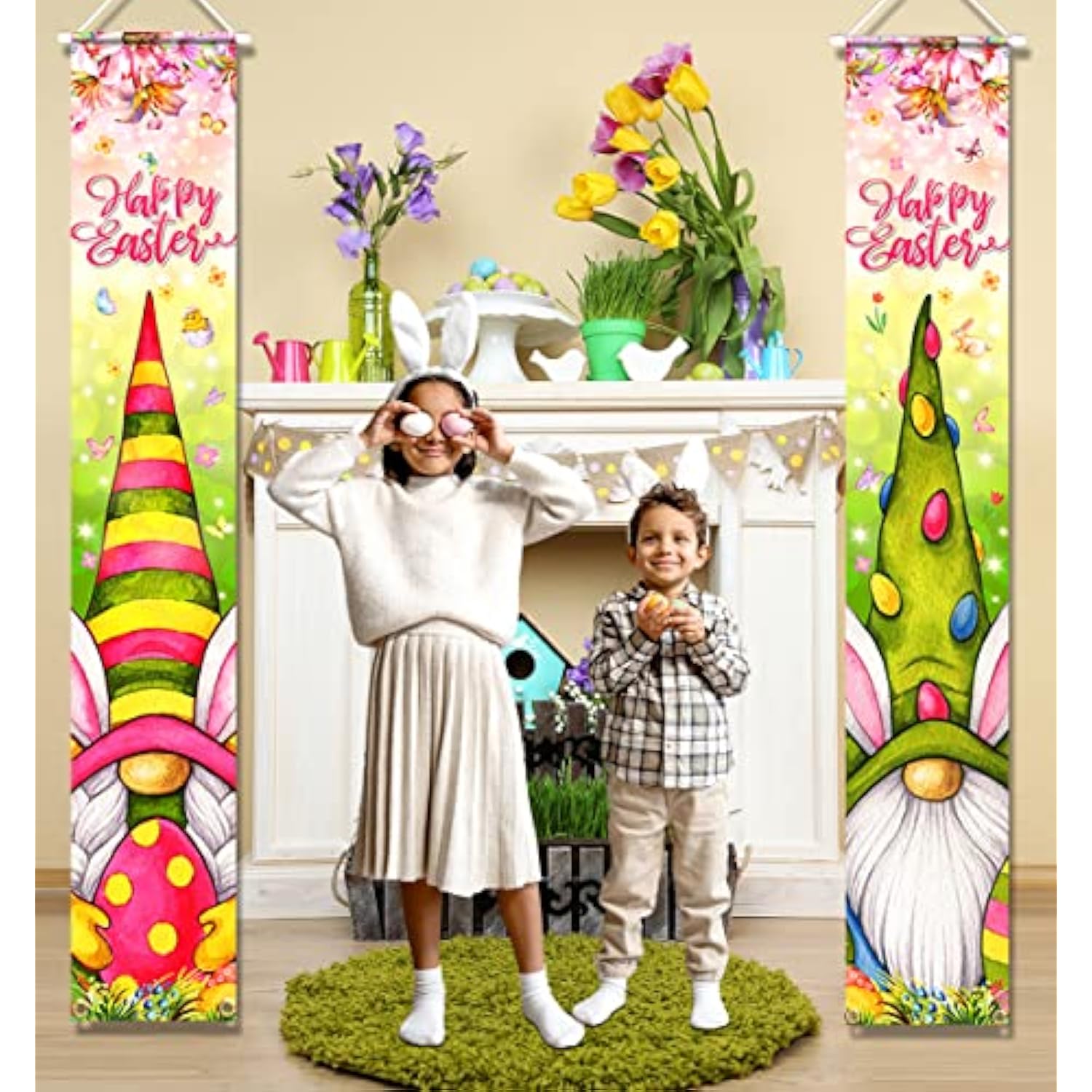 Easter Banner Decoration - 3Pcs Gnome Bunny Porch Signs & Backdrop, Pink, 70.86" X 11.81" Vinyl, Spring/Easter Day Supplies