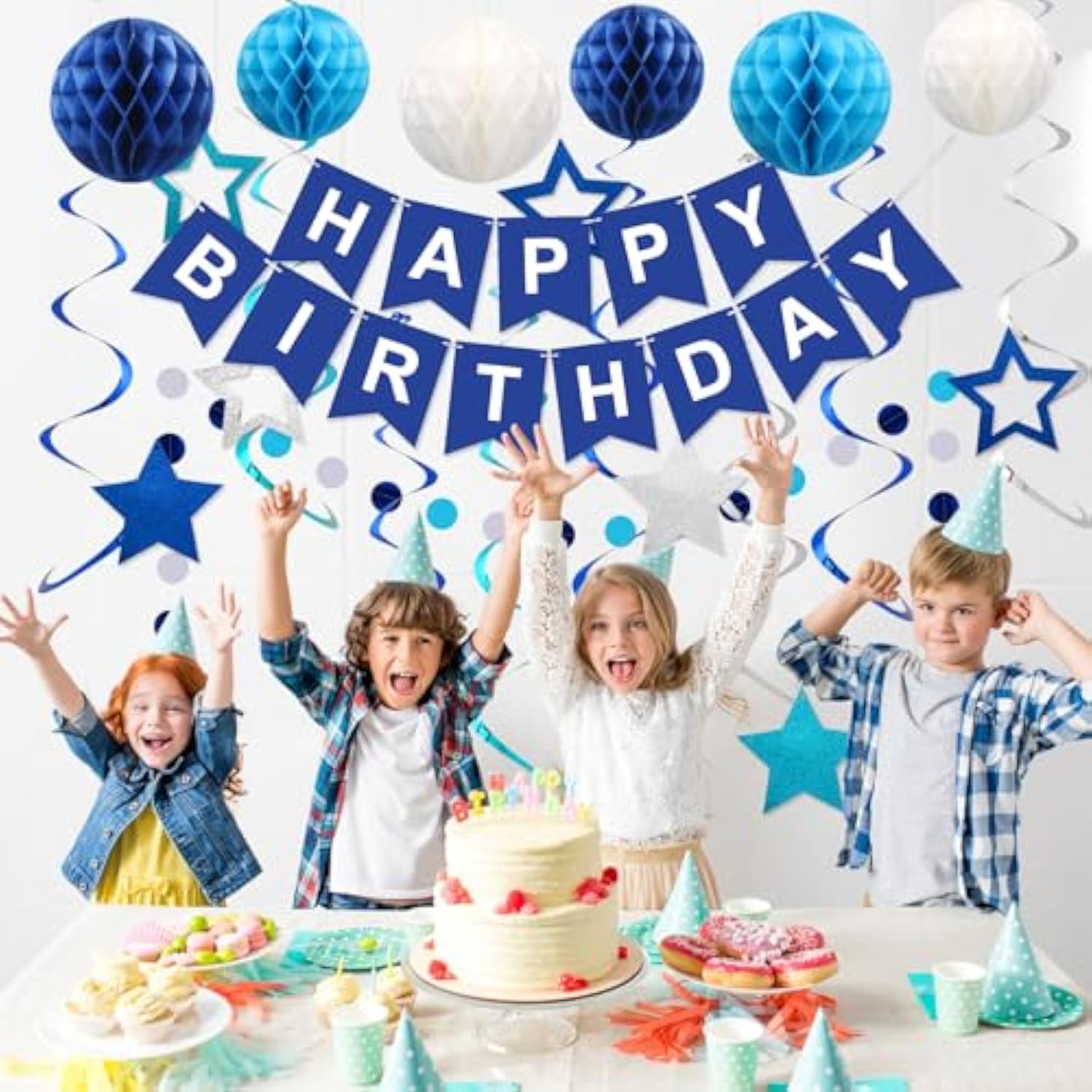 16pcs Blue Birthday Decorations with Banner, Honeycomb Balls, Swirls & Garland