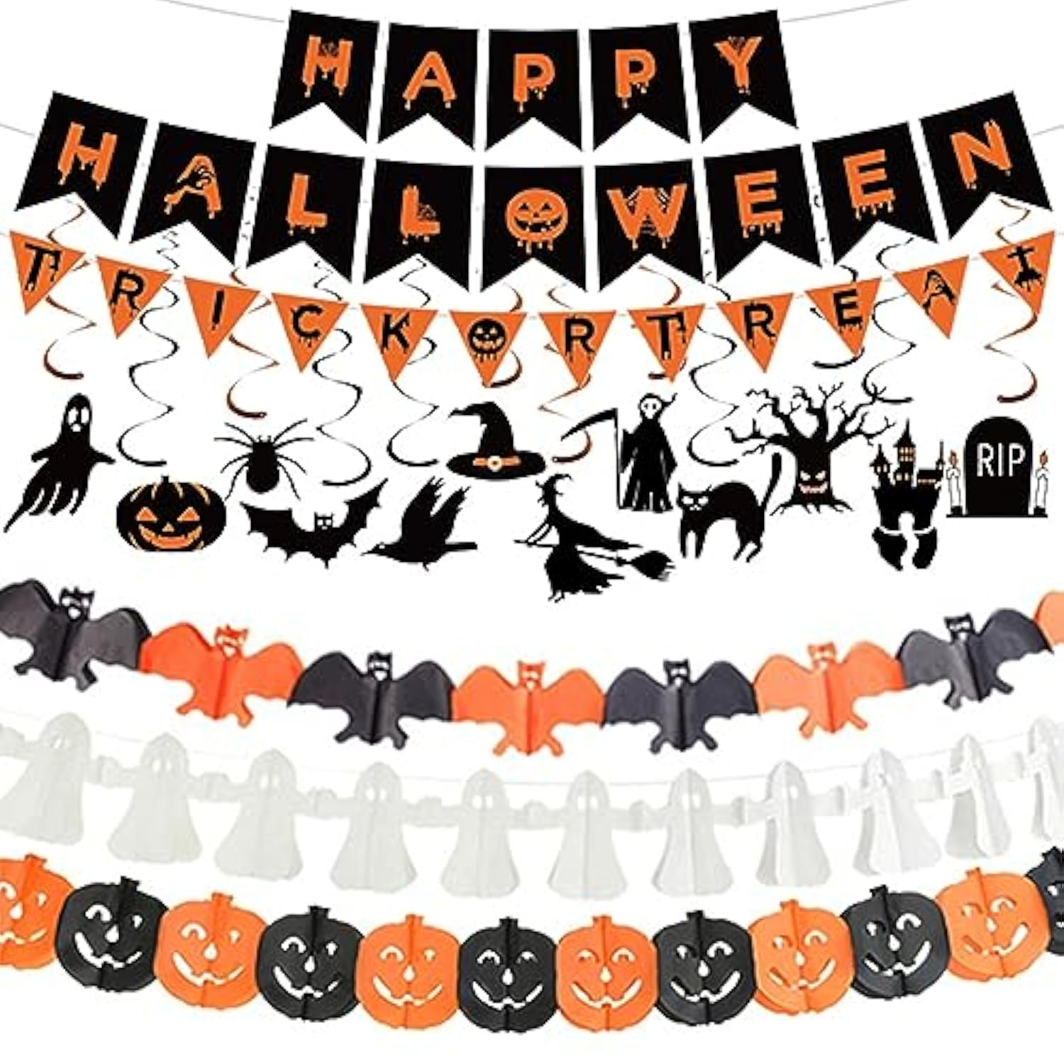 Halloween Party Decorations Set Trick or Treat Banner Bat Ghost Pumpkin Garland