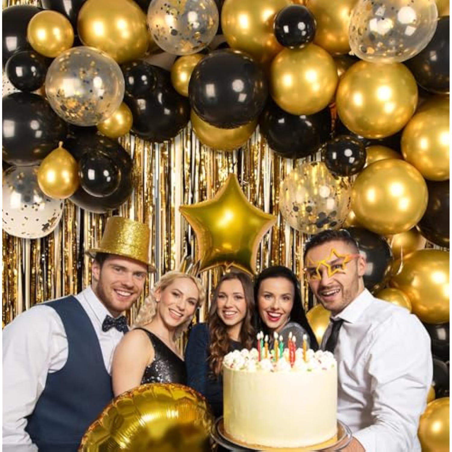 New Year 2026 Party Kit 153 Pc Black Gold Balloons Banner Swirls Backdrop