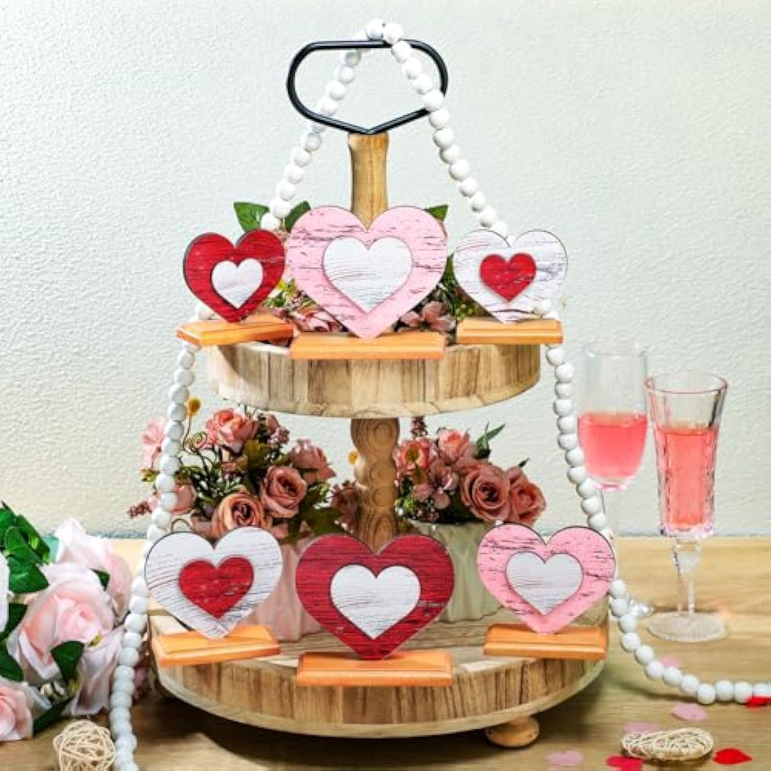 6 Pcs Valentine'S Day Decor Wooden Heart Shaped Table Signs Farmhouse Wood Heart Table Decorations Sign Standing Wooden Tiered Tray Decoration For Valentine Day Ornaments(Classic)