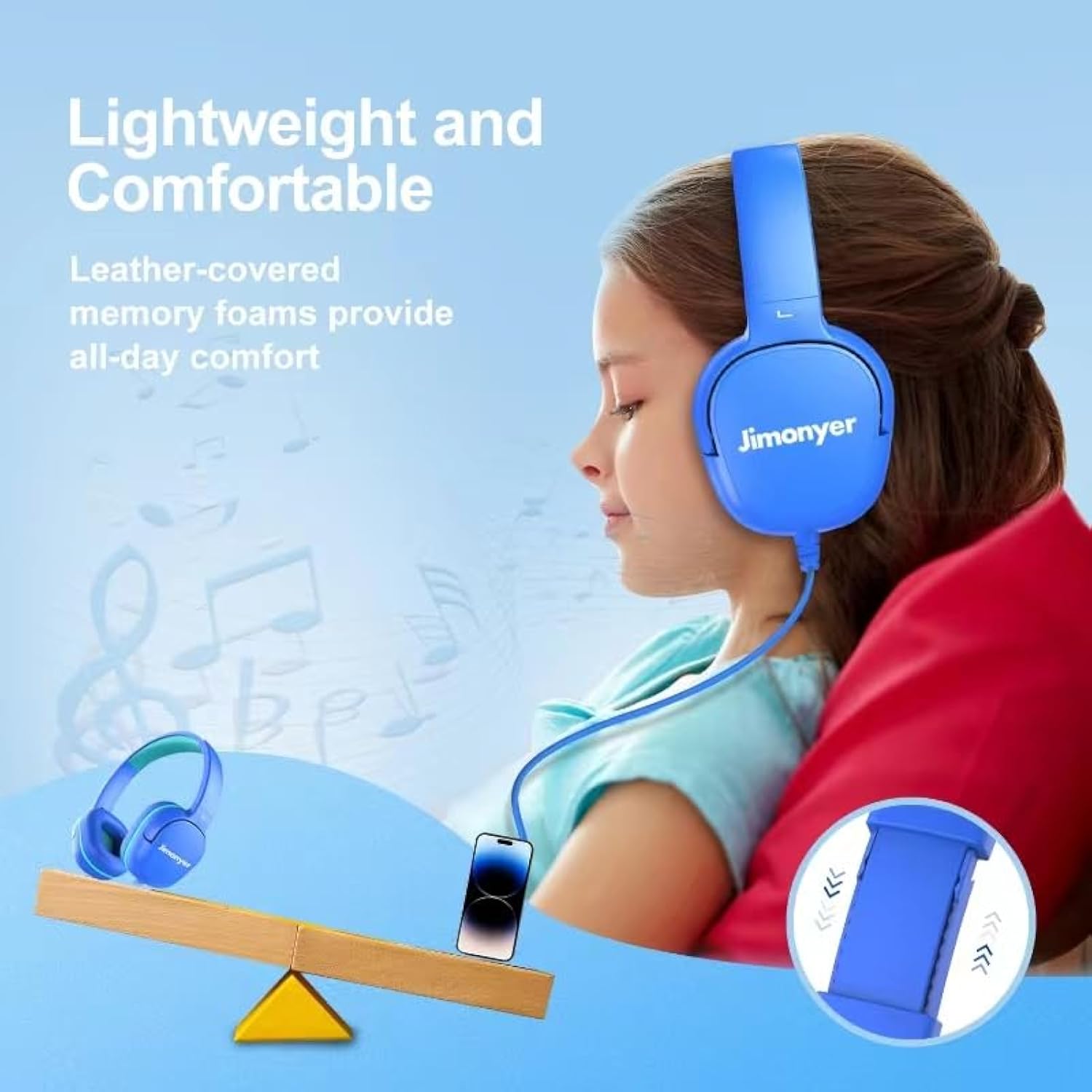 Kids Wired Headphones with 3.5mm Jack, Safe Volume, HD Stereo, Blue