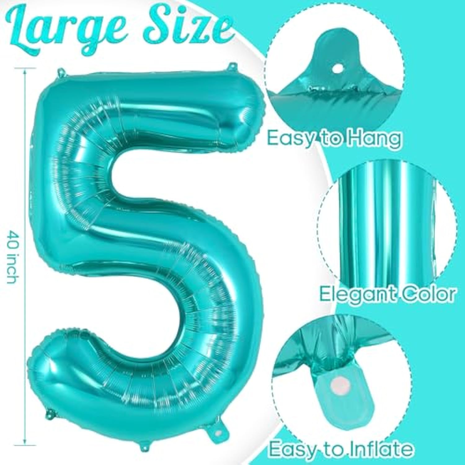 40" Teal Blue Number 5 Balloon Giant Foil for 5th Birthday Party Decor