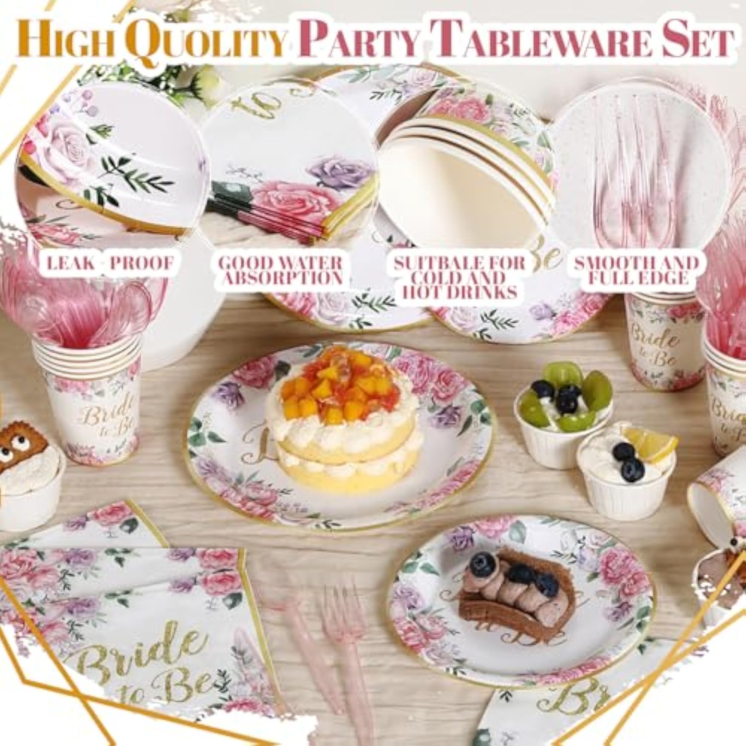 350Pcs Floral Bridal Shower Decorations For 50 Guests Include Paper Plate, Napkin, Cup And Disposable Plastic Tableware