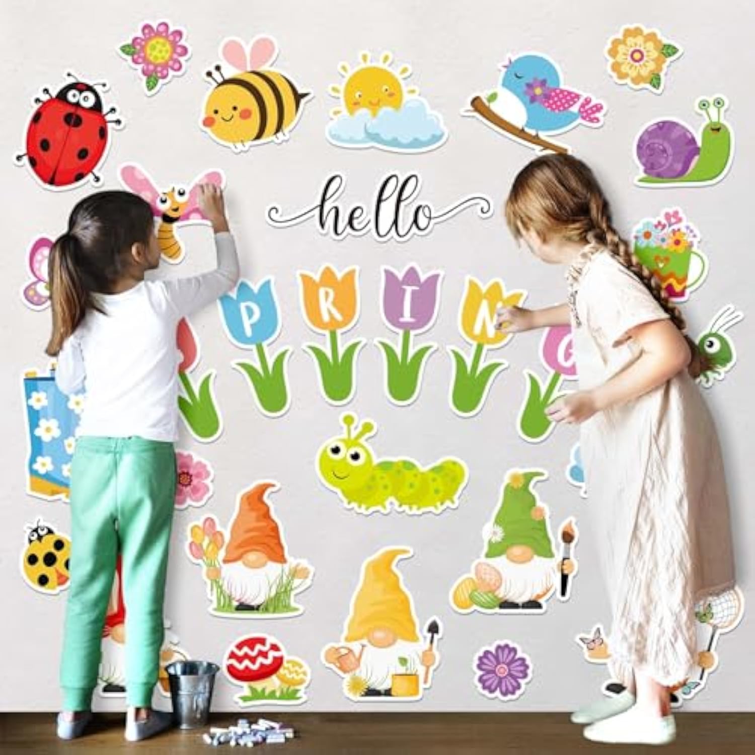 54Pcs Hello Spring Cutouts Tulip Flower Gnome Butterfly Bee Paper Cut-Outs With 100Pcs Glue Points Cute Cartoon Bulletin Board Decor For Diy Craft Art School Classroom Home Party