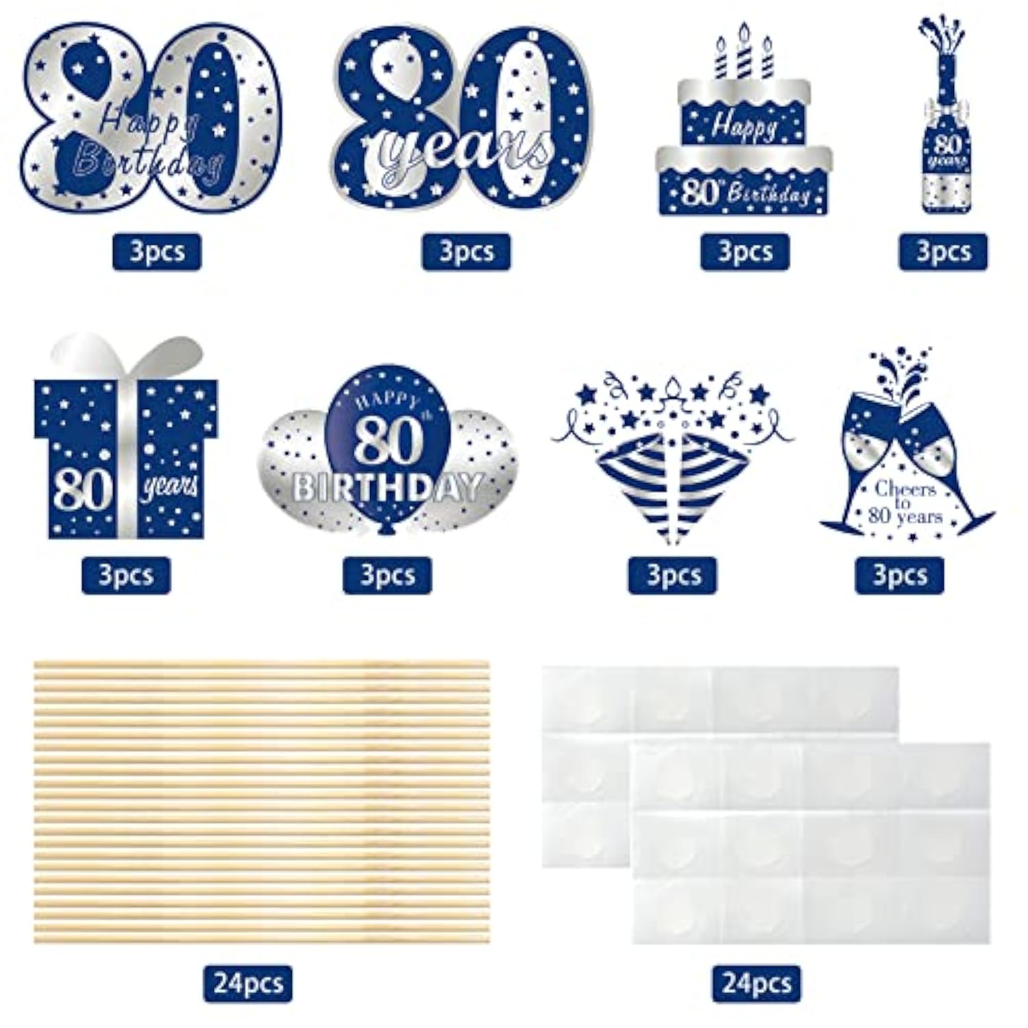 24Pcs 80Th Birthday Decorations Table Topper For Men, Blue Silver 80 Y