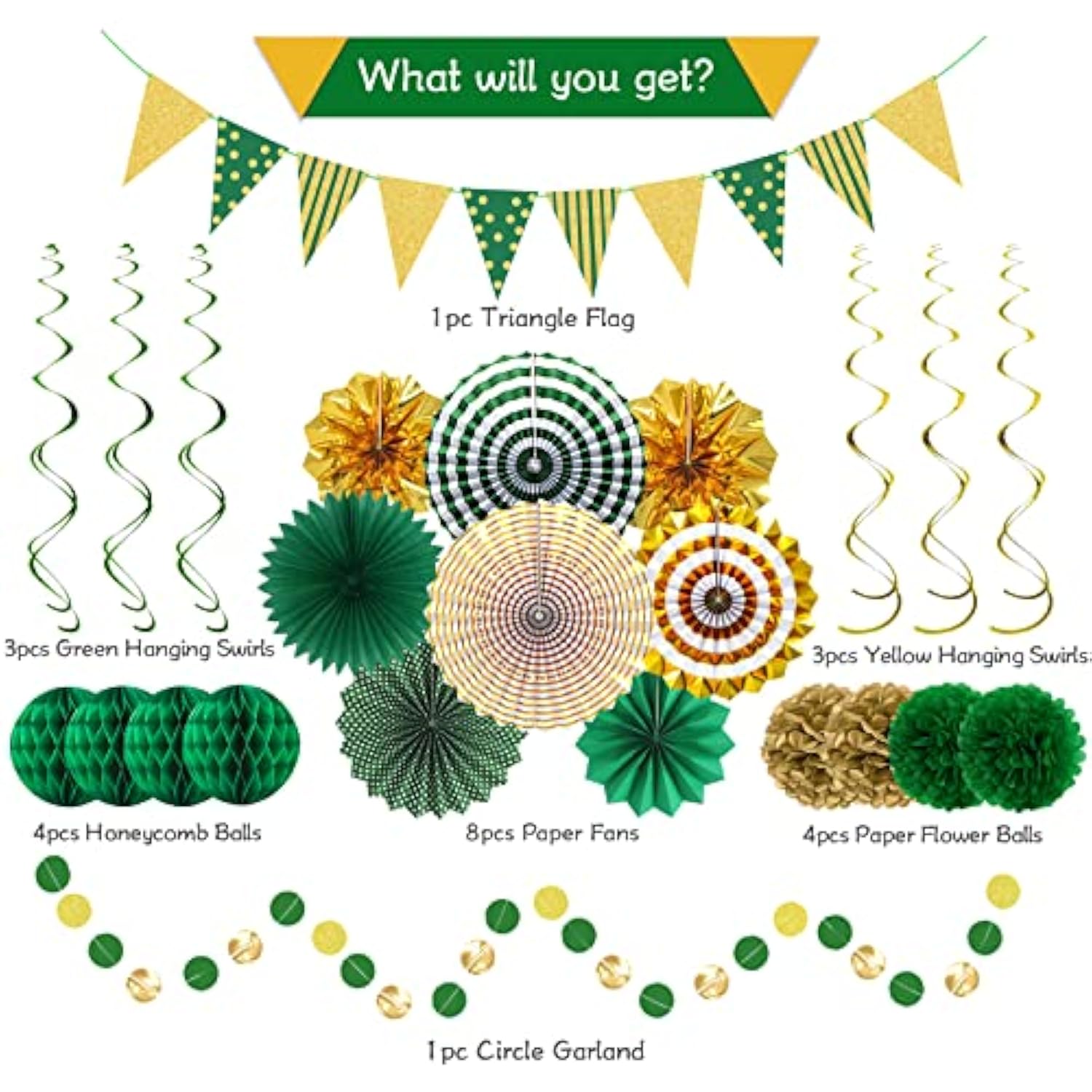 Green Gold Party Decorations Paper Fans, Graduation Season Hanging Glitter Triangle Flags Banner Hanging Paper Fan Happy Birthday Banners And Triangular Flag, Bridal Shower,Green Themed Birthday