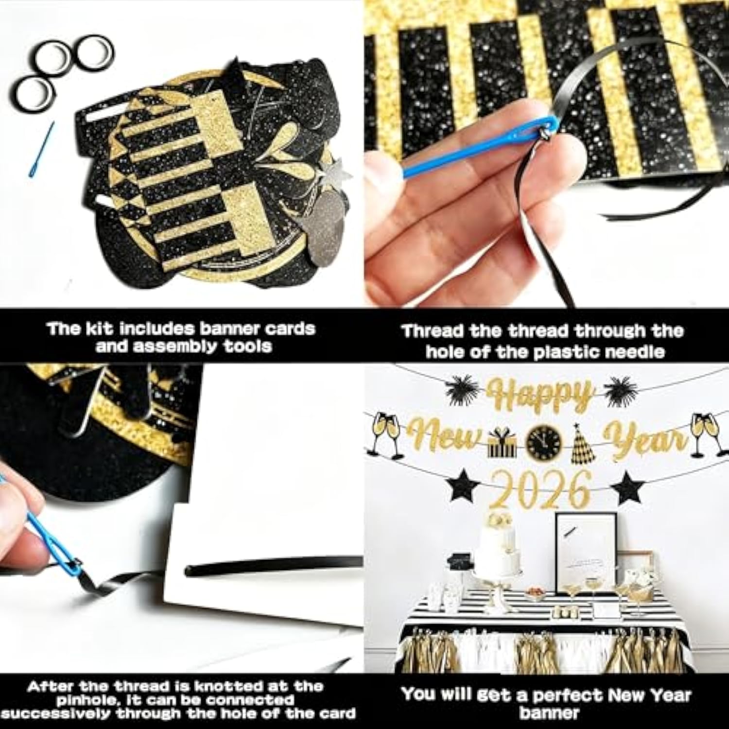 Black Gold Happy New Year 2026 Glitter Banner Party Decorations