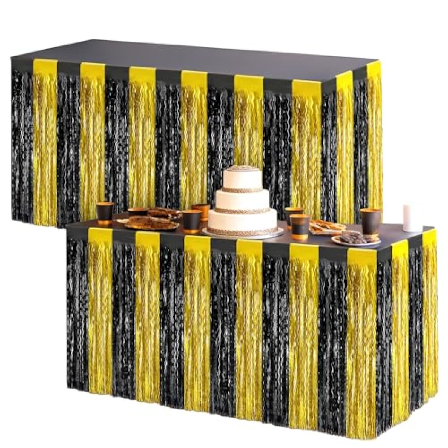 Black and Gold Table Fringe Pack of 2 Tinsel Skirt Streamers for Party Decor