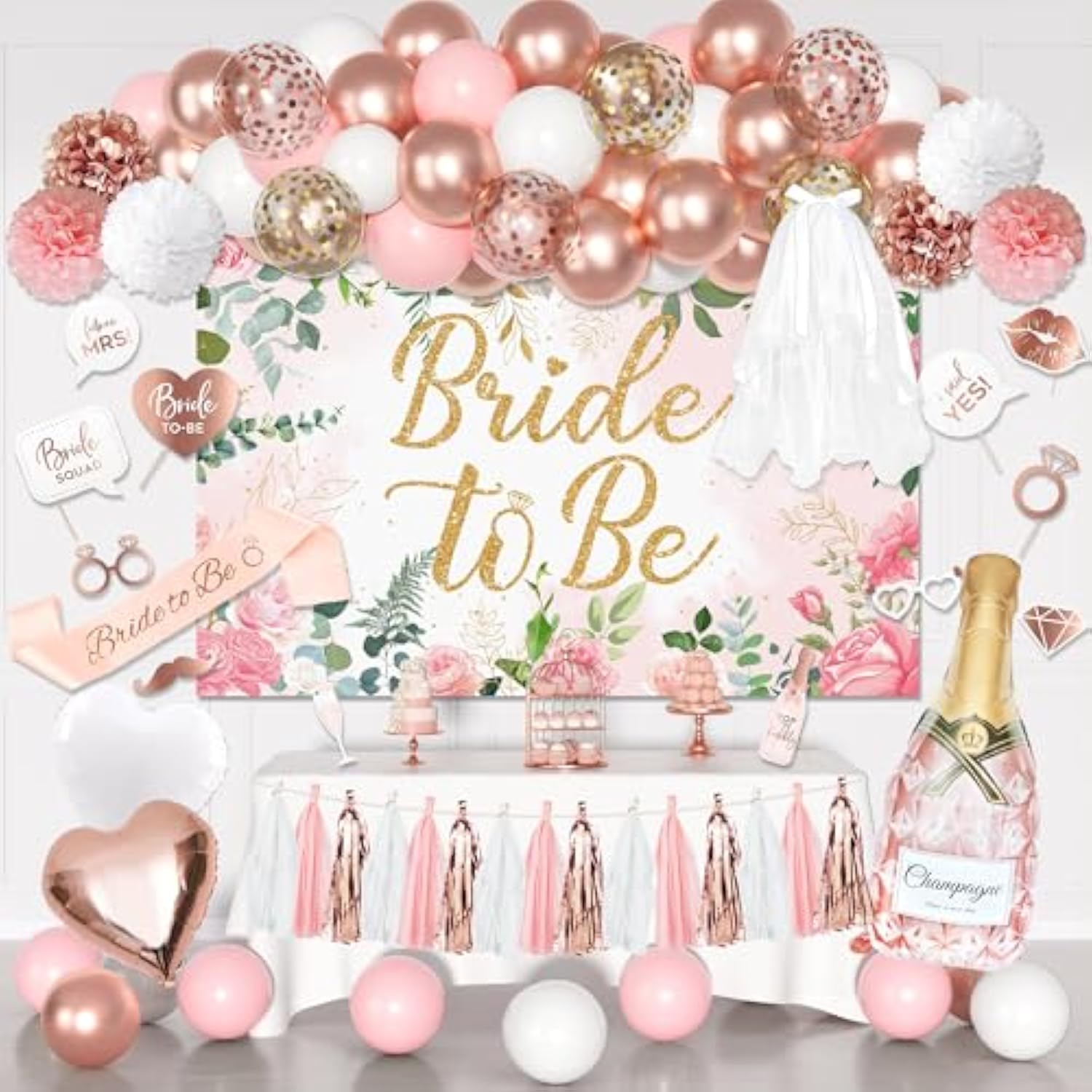 Bachelorette Party Decorations, Rose Gold Bride Shower Decorations Bride To Be Banner Backdrop Veil Sash Confetti Foil Balloons Tassel Paper Pom Poms Photo Props For Engagement Wedding Party Favors