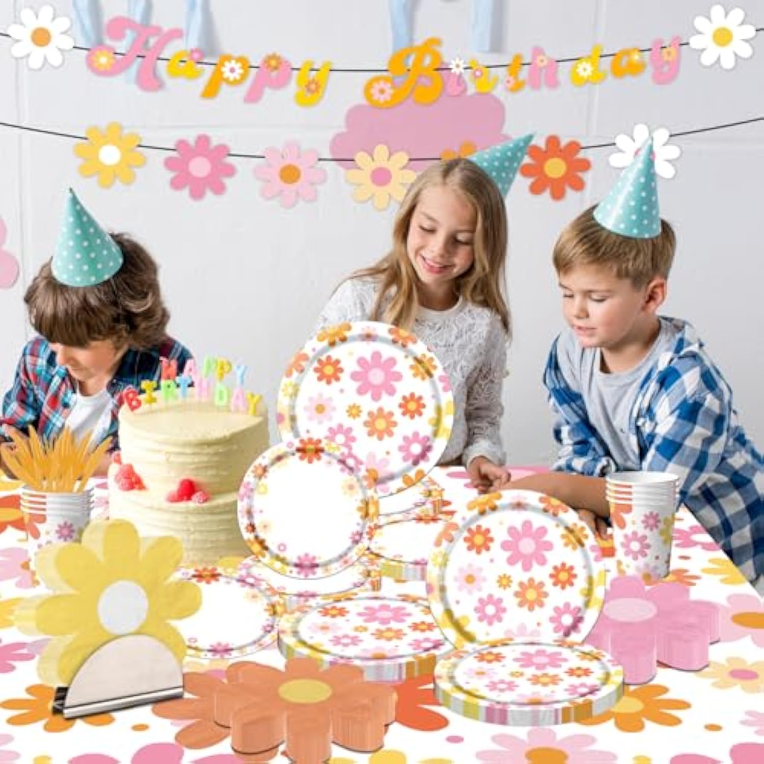 142Pcs Daisy Party Supplies – Groovy Boho Birthday Set with Plates, Napkins, Cups, Tablecloth & Banner