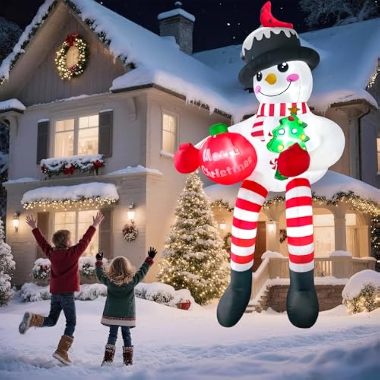 13Ft Christmas Inflatable Snowman Outdoor Decoration, Climbing Snowman Blow Up Yard Decoration, With Cardinal And Led Li