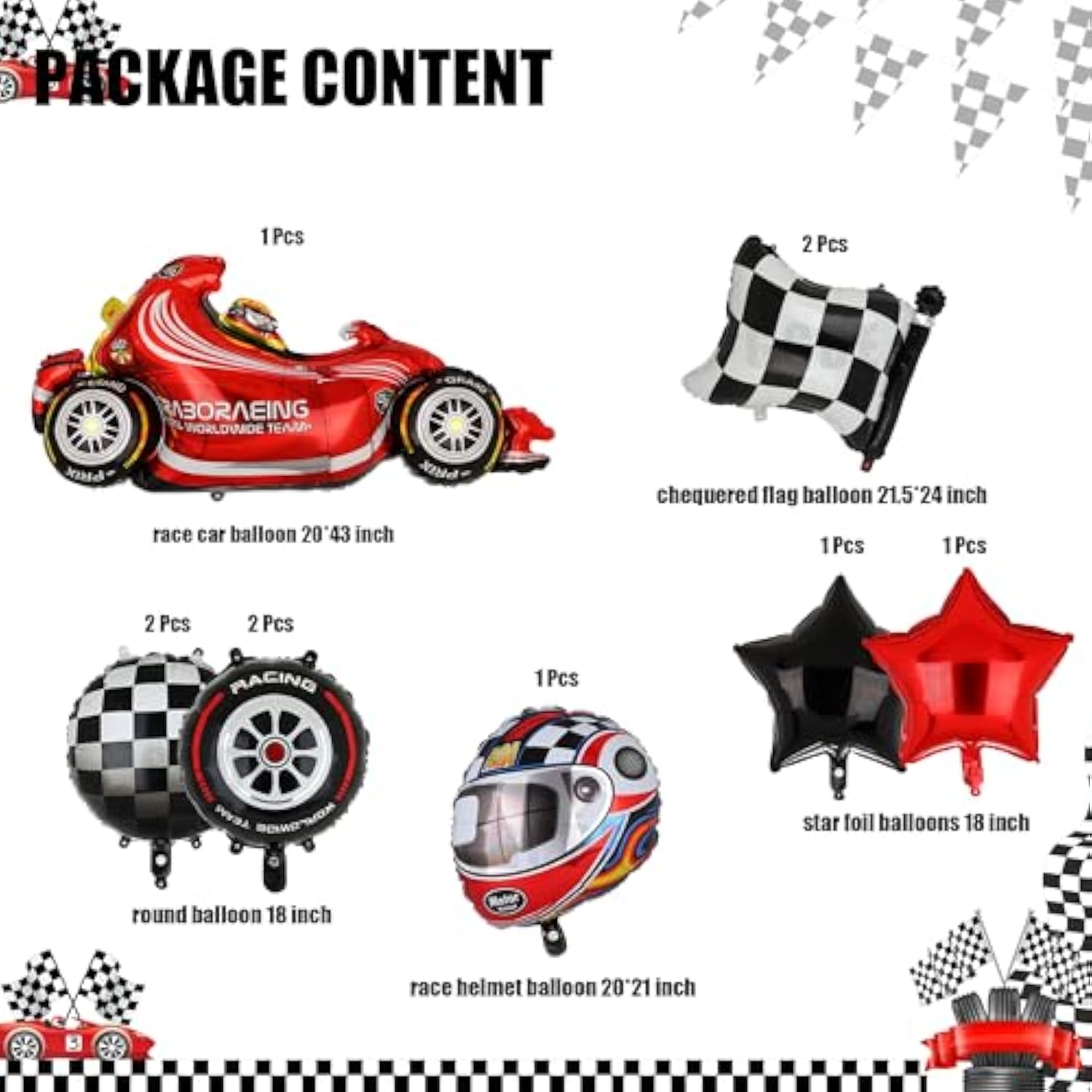 Race Car Balloons Tire Chequered Flag Helmet 10 Pcs Kit Speedy Birthday Party Decor