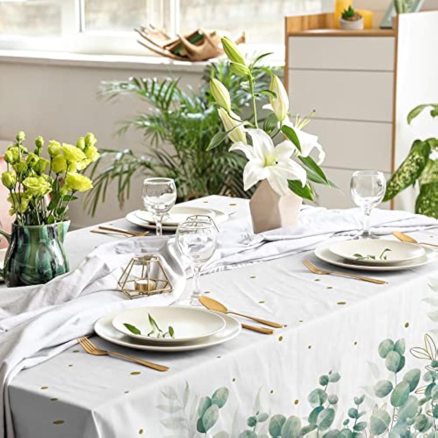 3PCS Sage Greenery Baby Shower Tablecloths, 54"x108" for Boho Party Decor