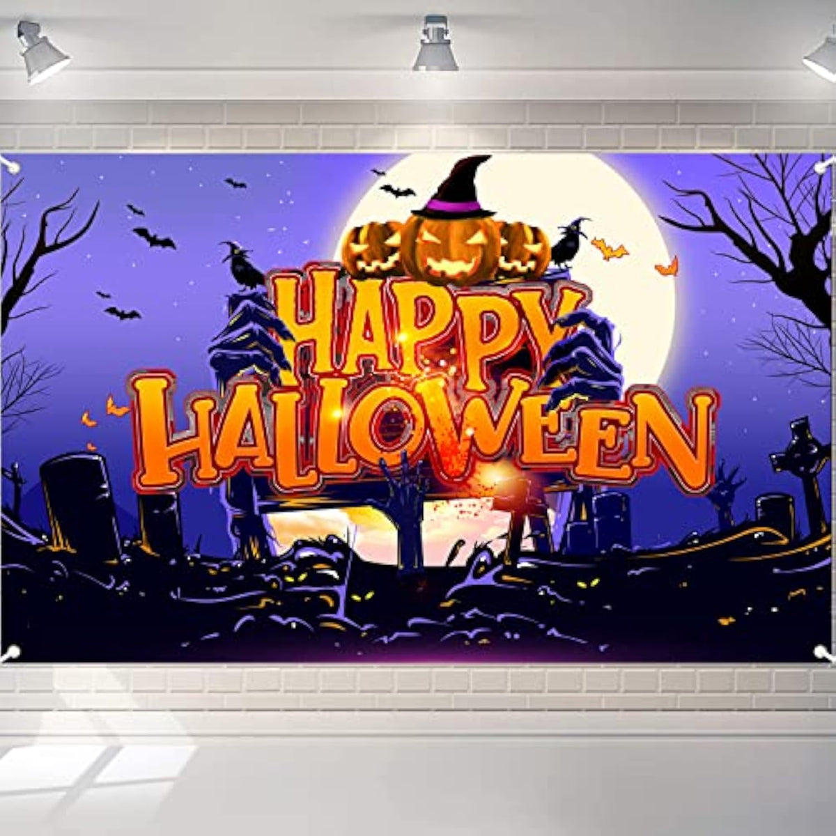Purple Night Moon Cemetery Pumpkin Backdrop Banner Indoor Outdoor Halloween Decor Photography