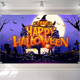 Purple Night Moon Cemetery Pumpkin Backdrop Banner Indoor Outdoor Halloween Decor Photography