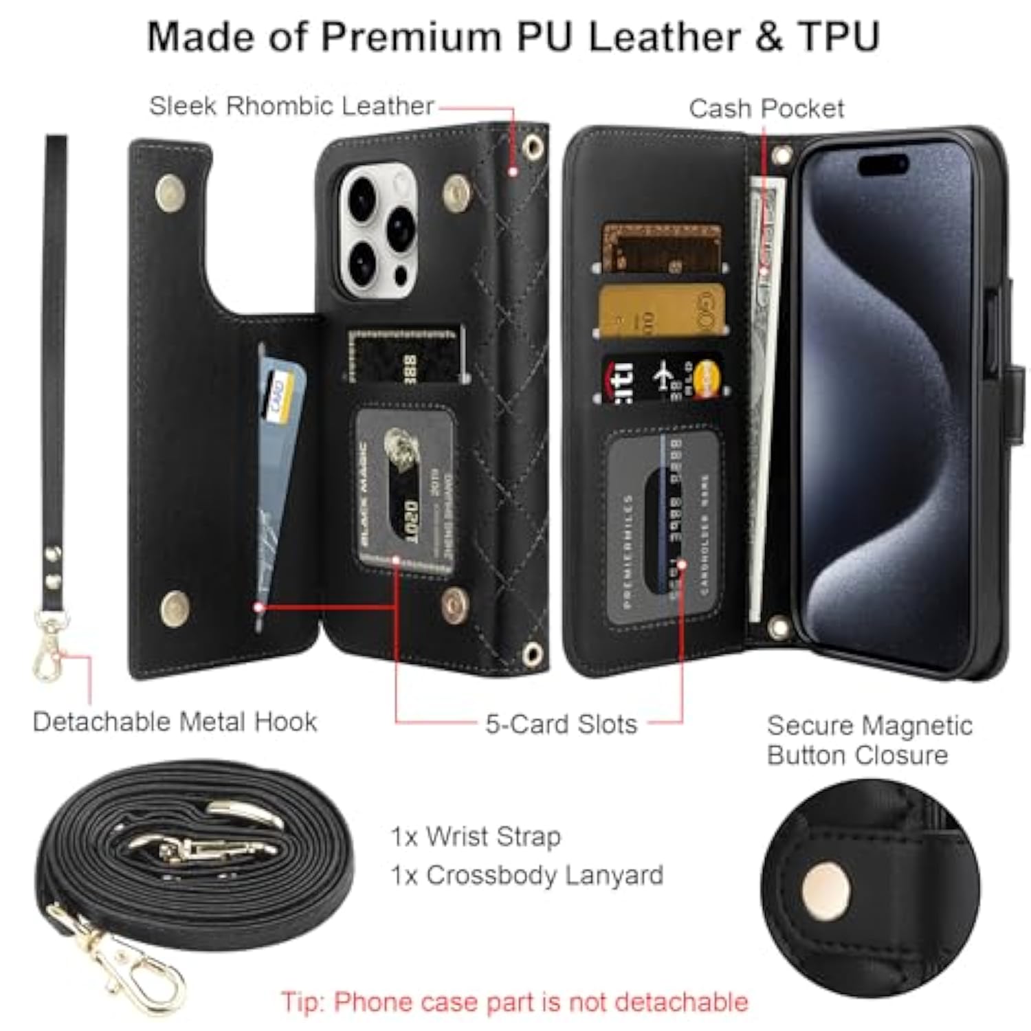 For Iphone 15 Pro Case Wallet With Card Holder Crossbody Wrist Strap Leather Case With Magnetic Clasp Kickstand Heavy Duty Protective Wallet Phone Case For Iphone 15 Pro For Women, Black