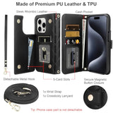 For Iphone 15 Pro Case Wallet With Card Holder Crossbody Wrist Strap Leather Case With Magnetic Clasp Kickstand Heavy Duty Protective Wallet Phone Case For Iphone 15 Pro For Women, Black