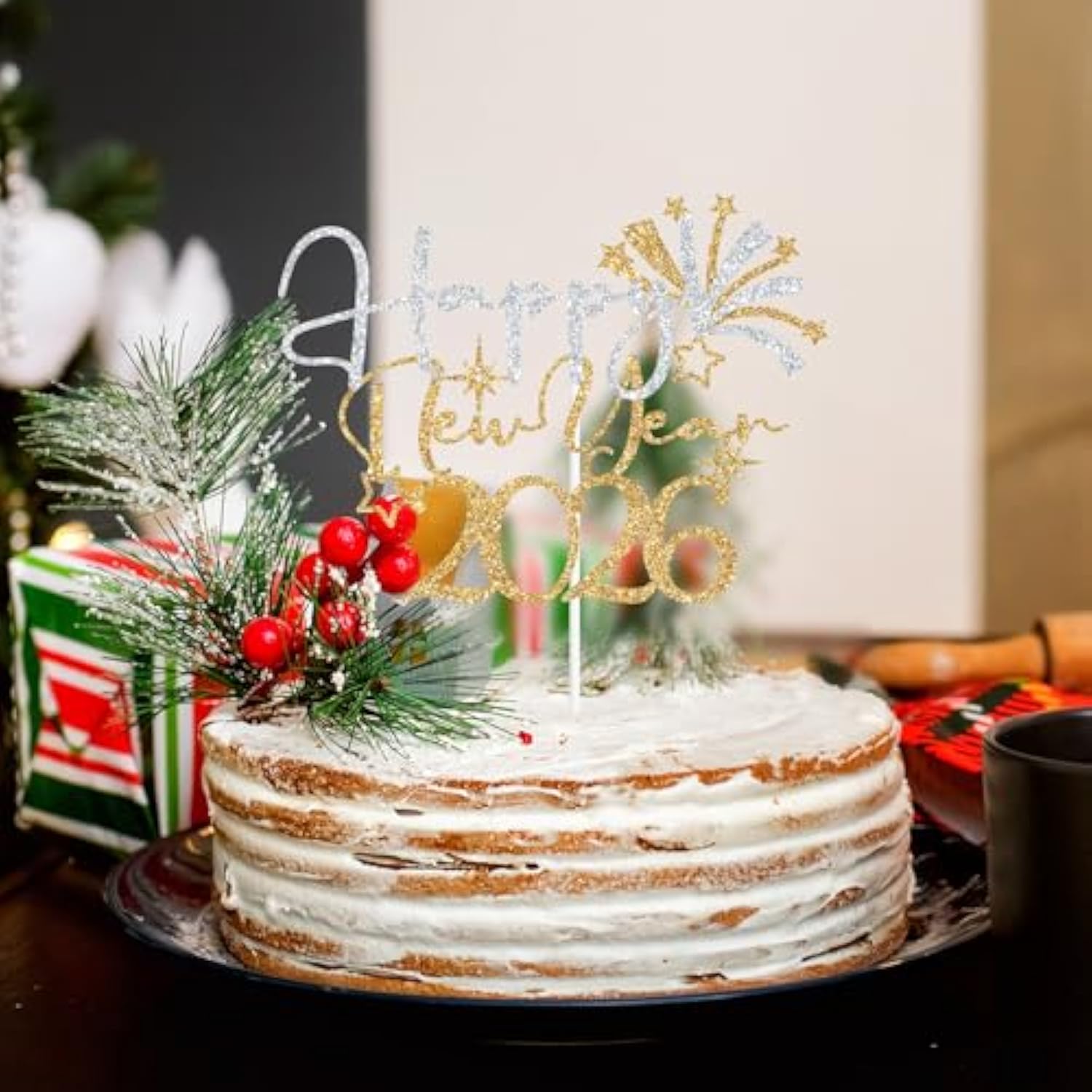 Happy New Year 2026 Cake Topper Gold Glitter Party Decorations