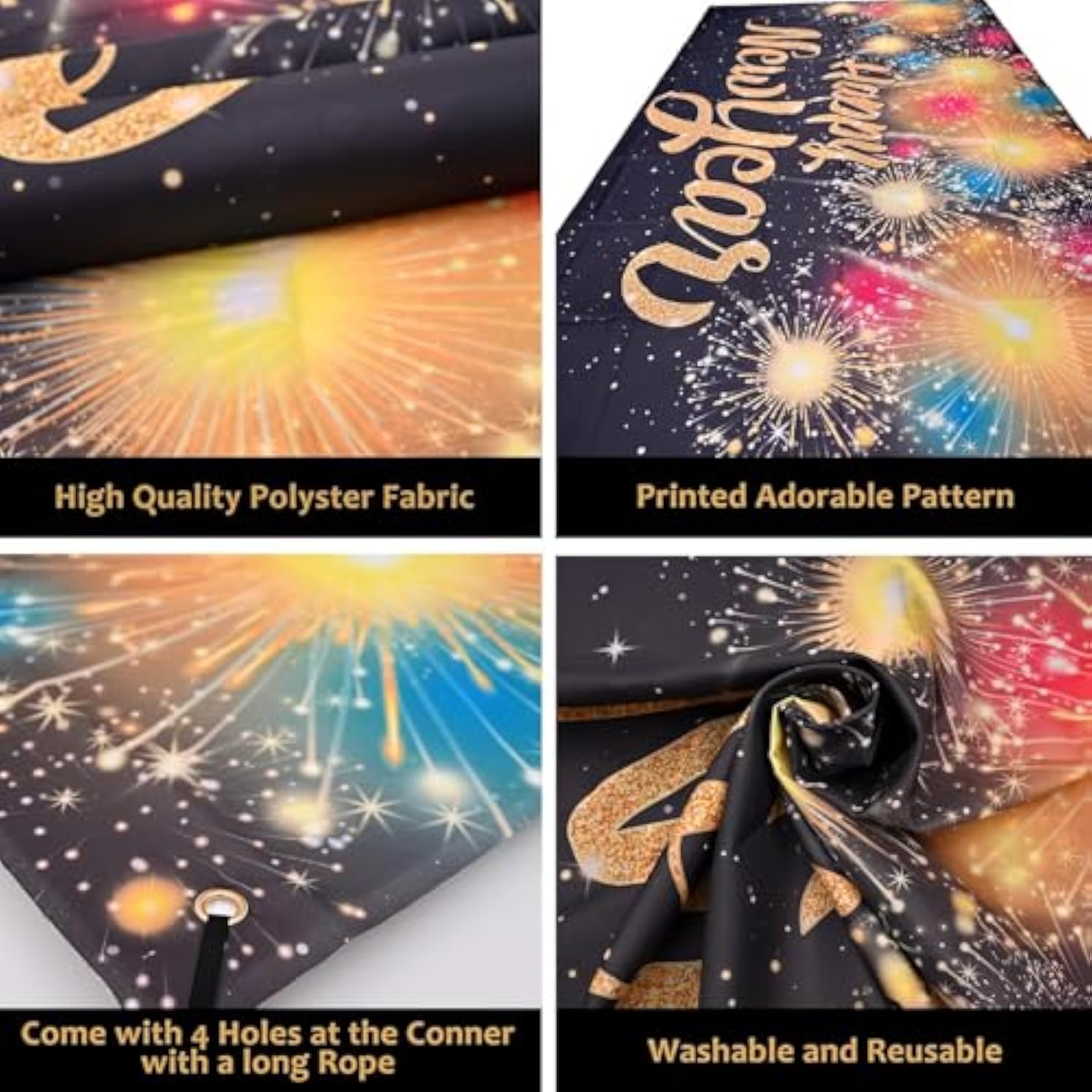 Extra Large Happy New Year 2026 Banner 72x44 Black Gold Party Backdrop