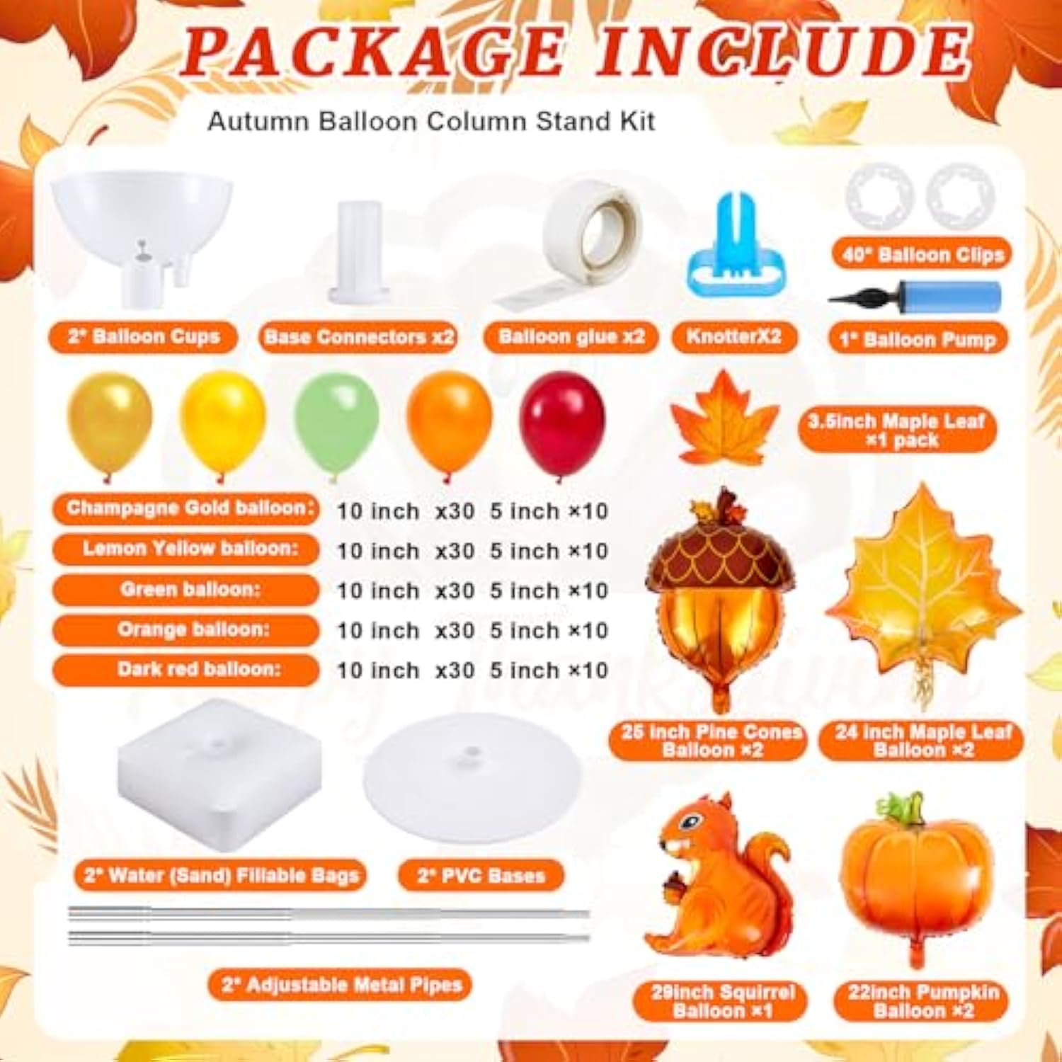 2 Set Fall Pumpkin Balloon Column Kit 177Pcs Autumn Maple Leaf Tower Decor