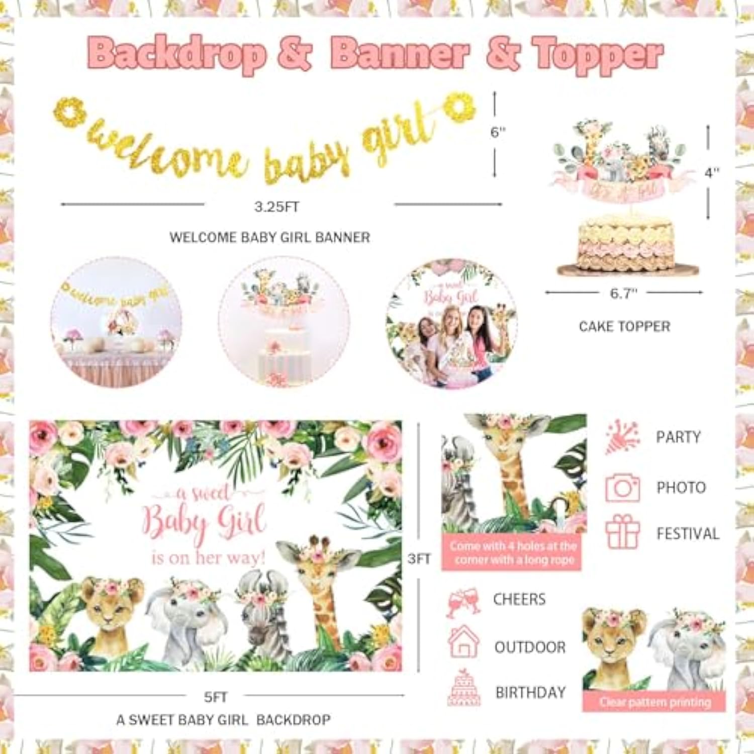 Safari Baby Shower Decorations For Girl, Jungle Themed Décor Backdrop Balloon Garland Arch Artificial Leaves Box Cutout Glitter Banner Cake Topper Sash Lion Cheetah Giraffe Pink 140 Pcs