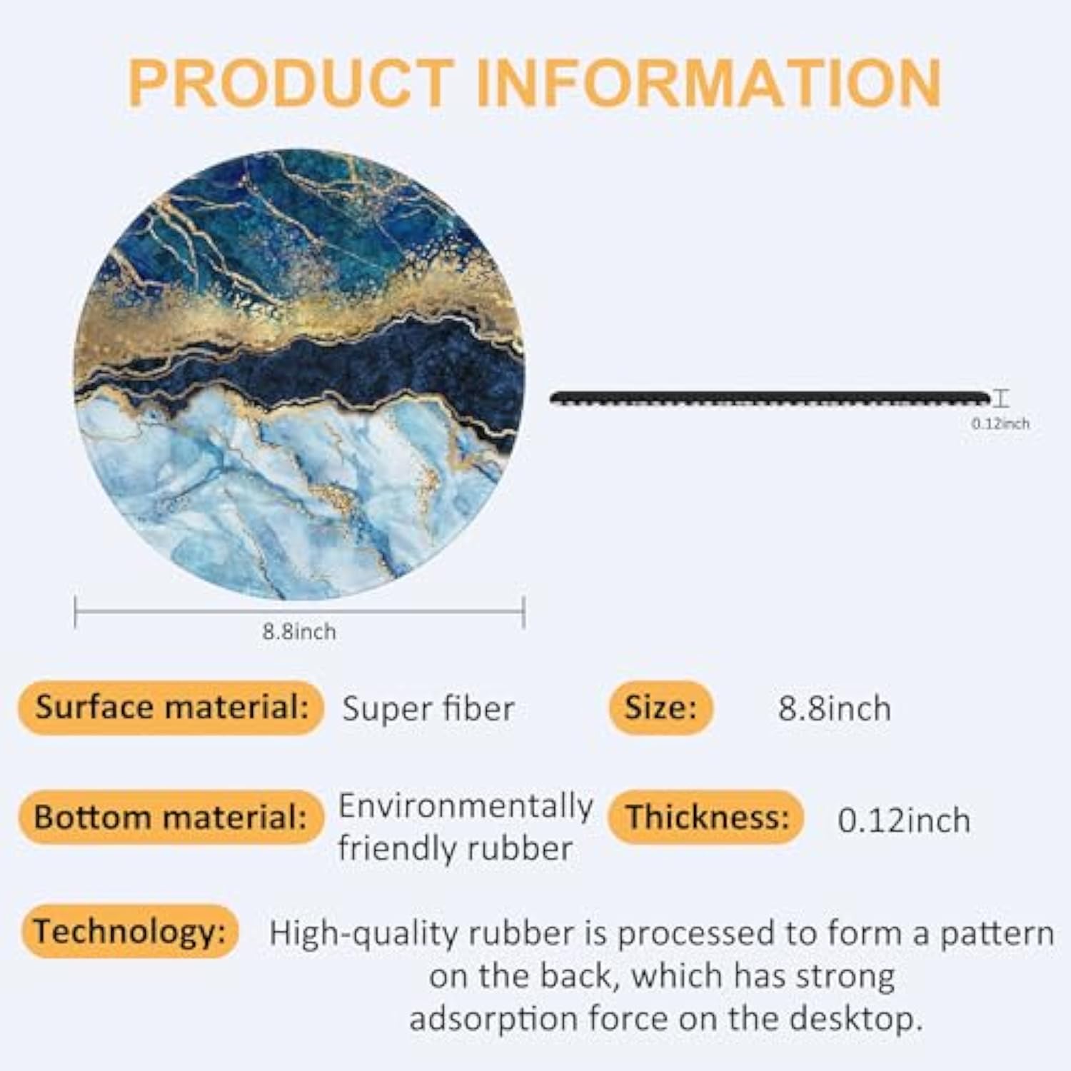 Blue Abstract Marble Gaming Mouse Pad, 8.8" Gold Glitter Liquid Marble Round With Non-Slip Base And Stitched Edge, Computer Keyboard Mouse Mat For Home Office Work