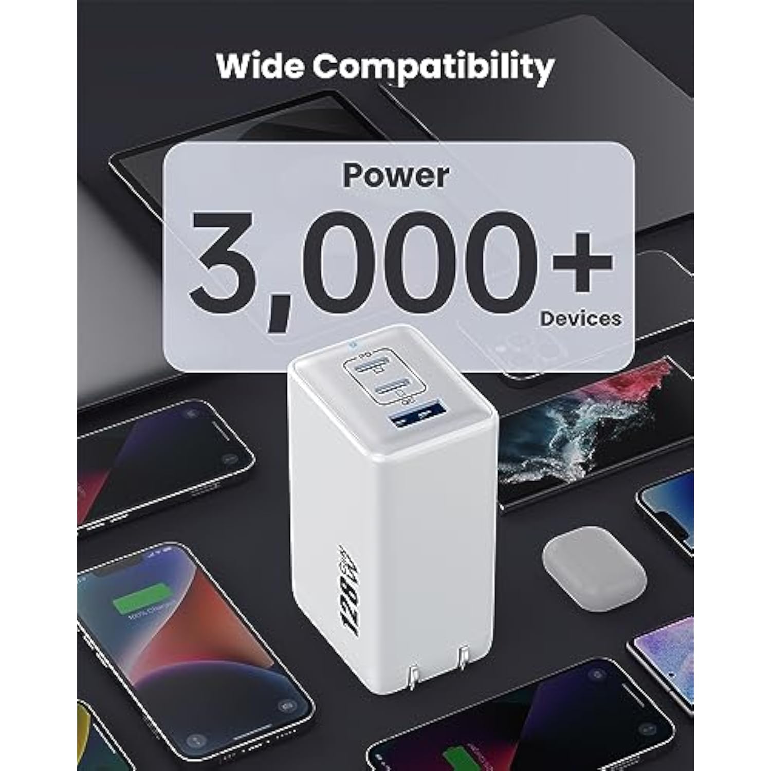 128W USB-C Wall Charger 3-Port GaN Fast Charging Foldable Adapter for MacBook iPad iPhone White