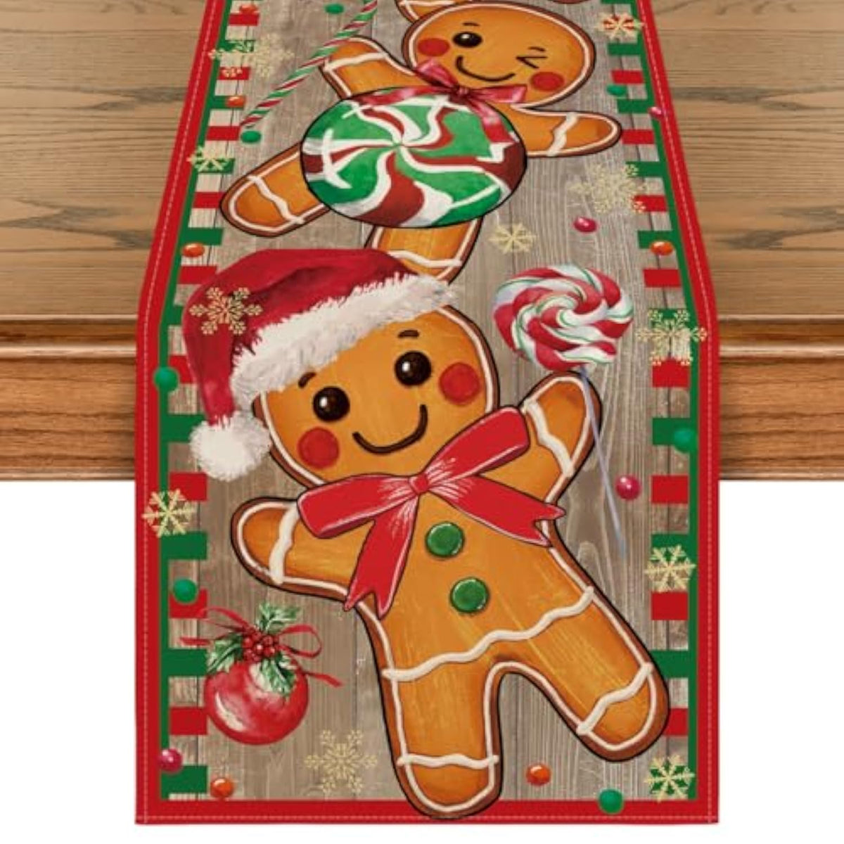 Wood Gingerbread Candy Cane Christmas Table Runner, Seasonal Winter Kitchen Dining Table Decoration For Home Party Decor 13X90 Inch