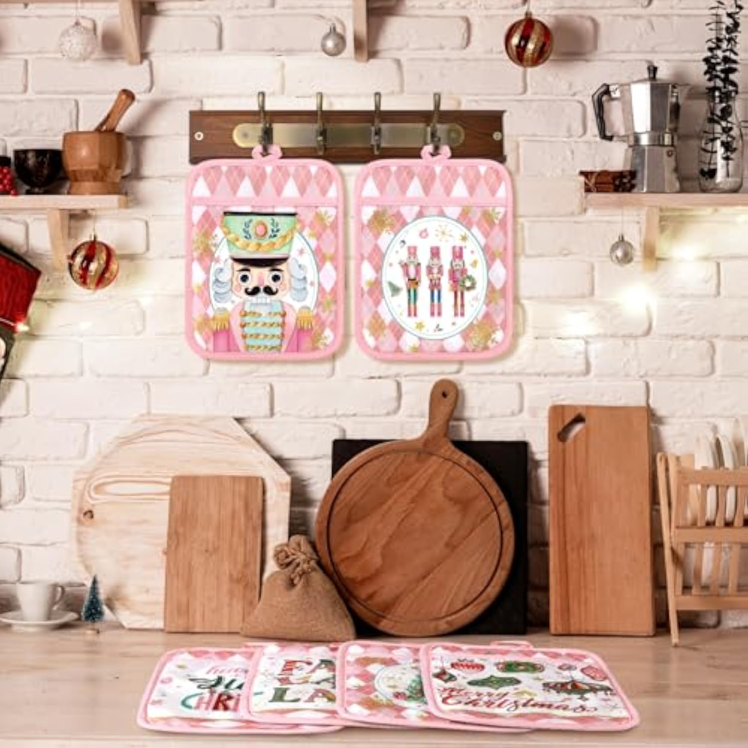 12 Pcs Christmas Pot Holders With Pocket Pink Nutcrackers Pot Holders For Kitchen Xmas Tree Hot Pads And Oven Mitts Pot Holders Winter Oven Glove For Cooking Baking Home Christmas Decorations