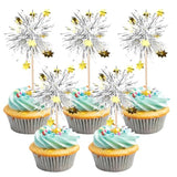 30pcs Foil Firework Cupcake Toppers Stars Sparkle Silver Party Decorations