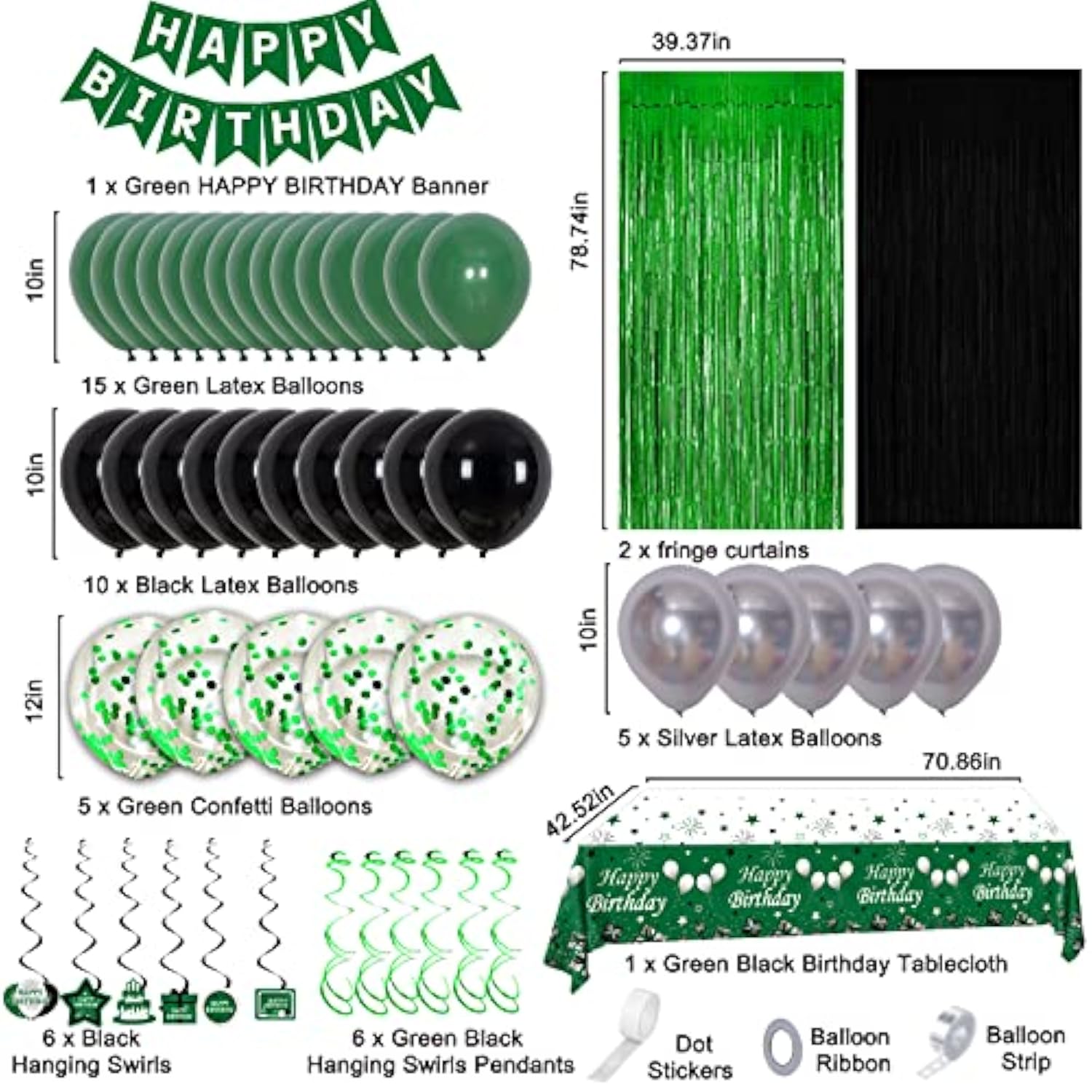Green And Black Party Decorations For Men Women Boys Girls - Birthday Supplies With Happy Birthday Banner, Tablecloth, Fringe Curtains, Streamers, Confetti, Balloons