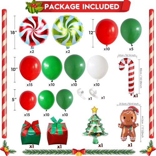 Christmas Balloon Arch Kit 106PCS Red Green White Latex Balloons Garland with Gift Box Candy Cane Merry Christmas Tree Gingerbread Foil Balloons for Xmas Holiday New Year Party Decortaions Supplies