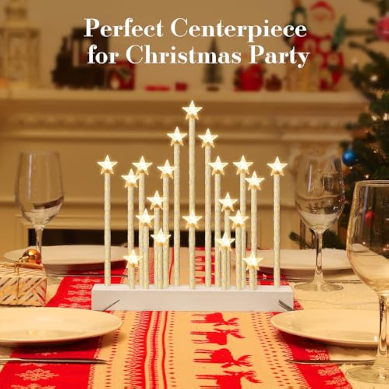 Christmas Swedish Candelabra, Star Flameless Candles With 20 Led Taper Electric Candles, Usb Powered Christmas Window Candle Light For Xmas Decoration Wedding Gift,White