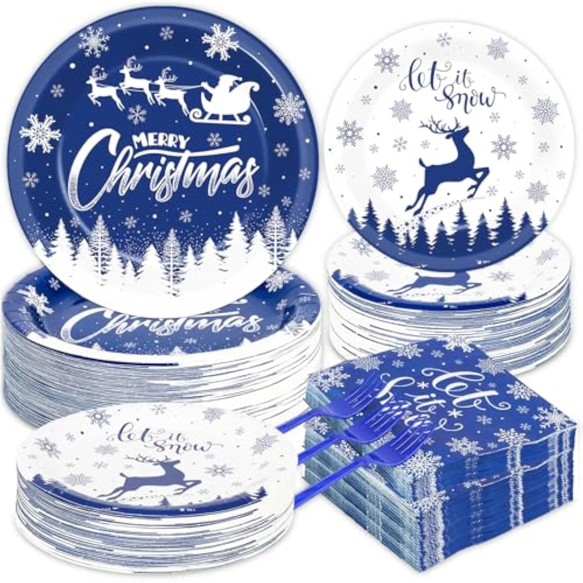 200Pcs Christmas Plates And Napkins Blue Merry Christmas Tableware Set Let It Snow Reindeer Snowflakes Dinnerware Set For Xmas Party Decorations Winter Holiday Birthday Party Serve 50 Guests