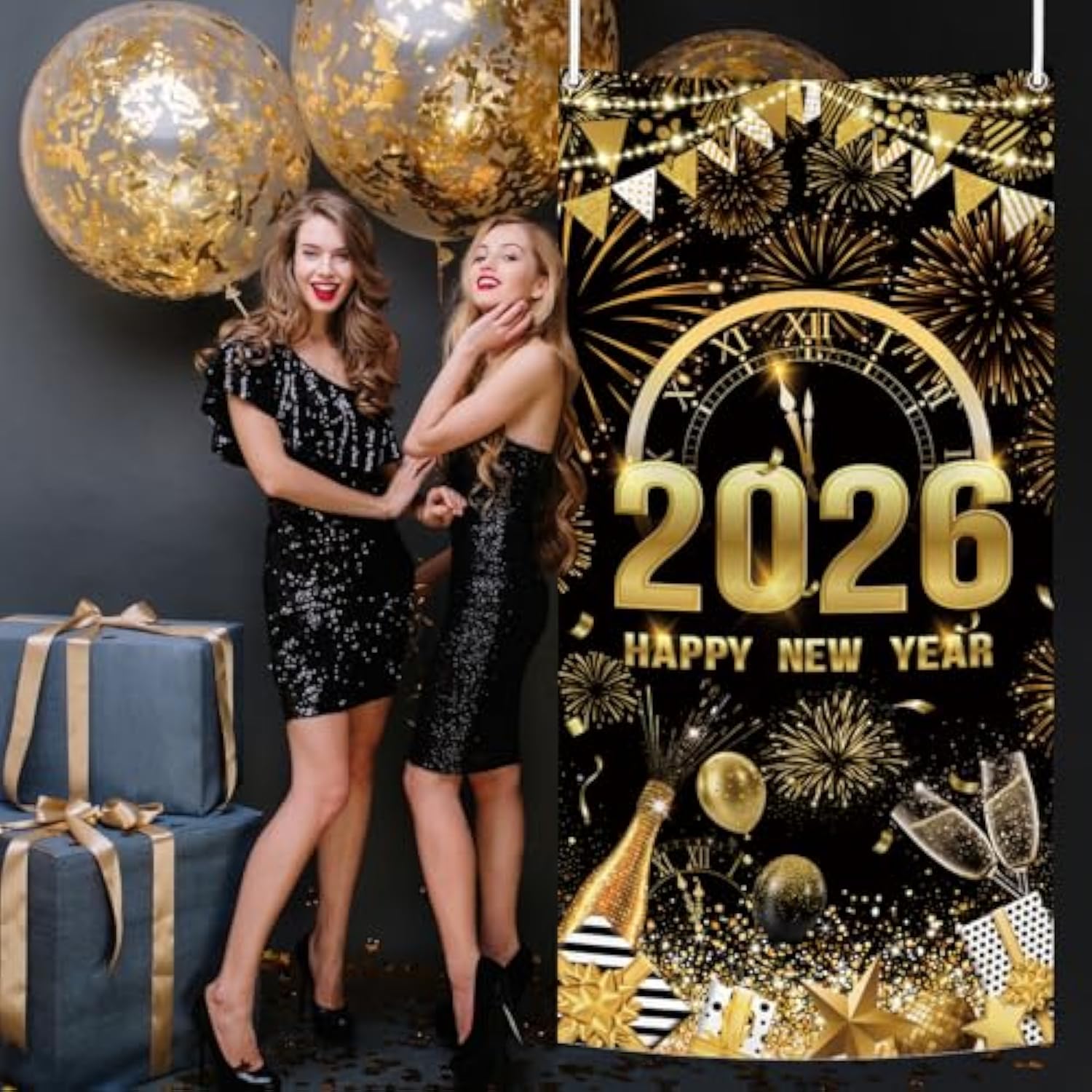 2026 Happy New Year Door Cover Black Gold Party Decor with Balloon and Fireworks