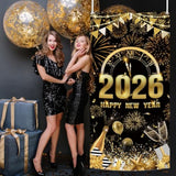 2026 Happy New Year Door Cover Black Gold Party Decor with Balloon and Fireworks