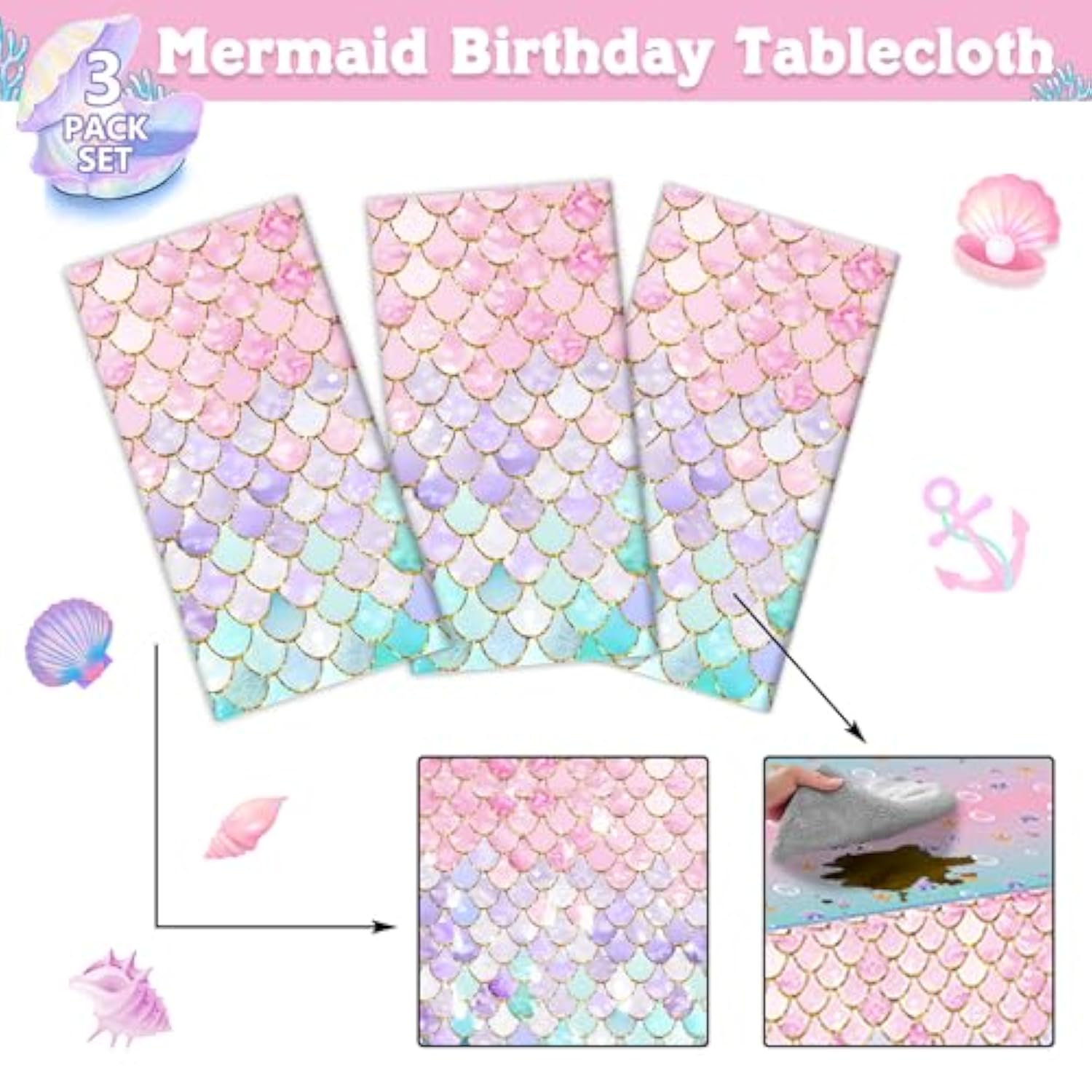 Mermaid Tablecloths 3 Pack Disposable Plastic Birthday Party Favors (Fish Scale)