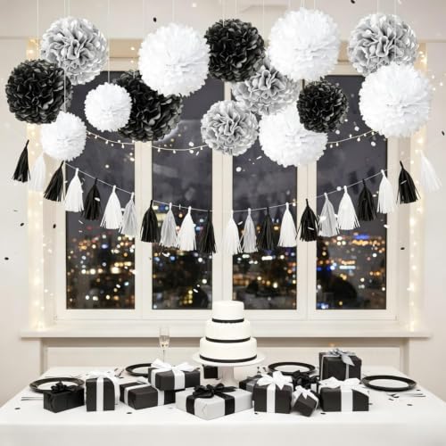 Black,White and Silver Hanging Tissue Paper Pom Poms,Black White Party Decorations(12 PCS)