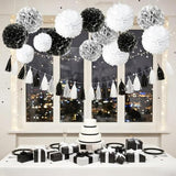Black,White and Silver Hanging Tissue Paper Pom Poms,Black White Party Decorations(12 PCS)
