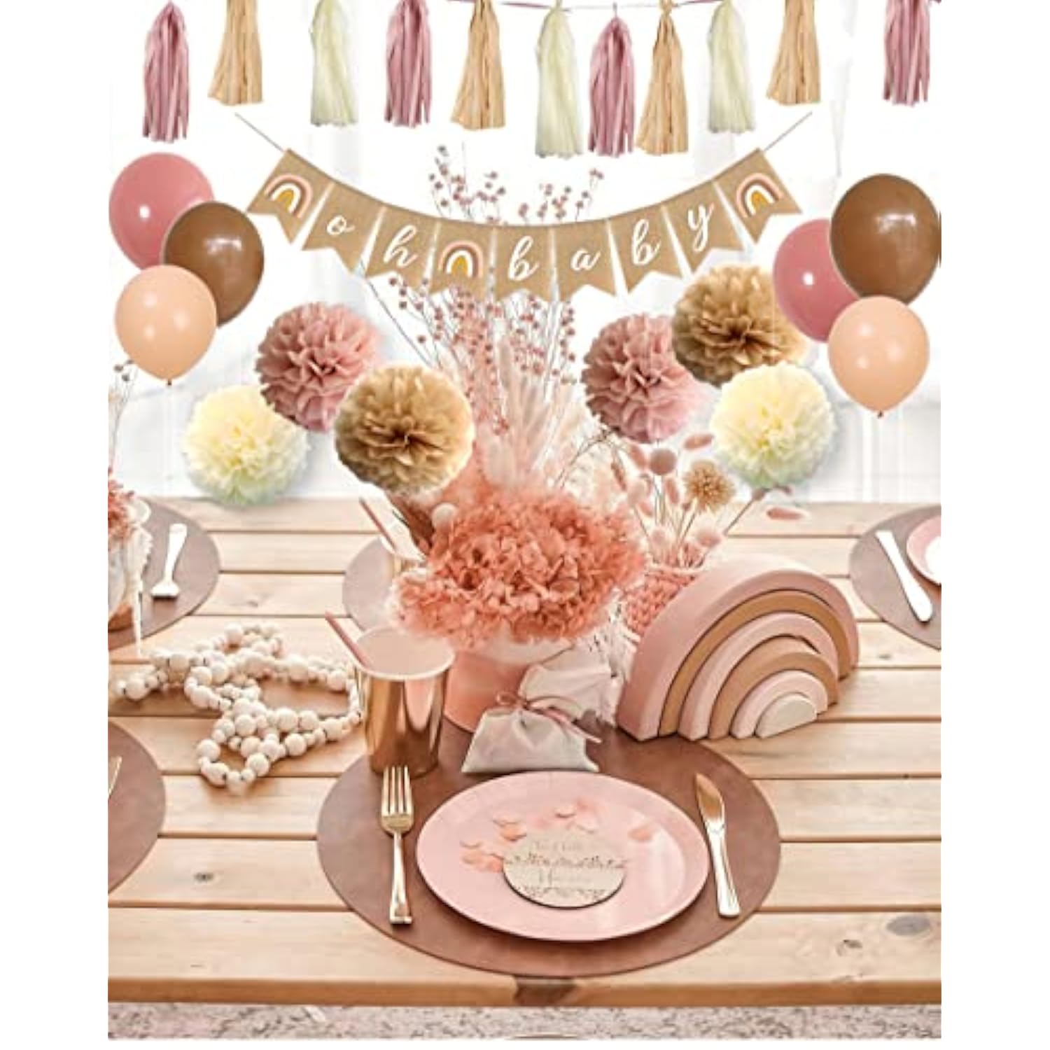 Boho Pink Brown Baby Shower Party Decorations Set - 40-Pack Mauve Blush Pink Tissue Pom Poms Paper Flowers Balloons Tassel Garland Banner Streamers For Baby Shower Backdrop Girl Birthday Nursery Decor