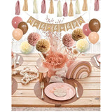 Boho Pink Brown Baby Shower Party Decorations Set - 40-Pack Mauve Blush Pink Tissue Pom Poms Paper Flowers Balloons Tassel Garland Banner Streamers For Baby Shower Backdrop Girl Birthday Nursery Decor