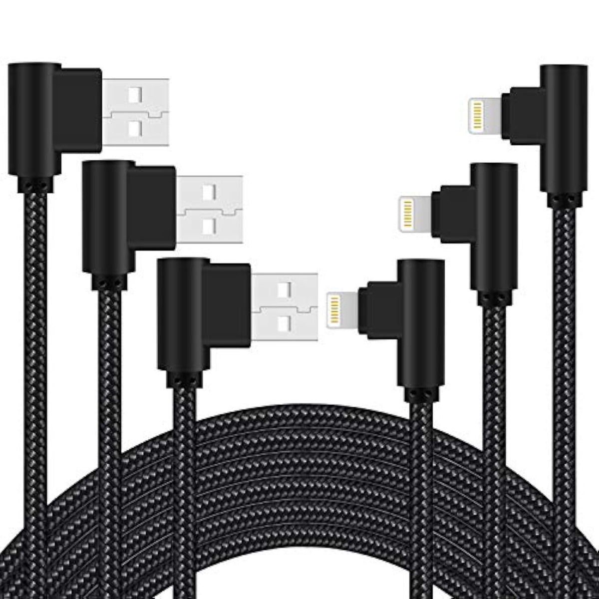 Iphone Charger 3 Feet Mfi Certified 3 Pack 90 Degree Nylon Braided Lightning Cable Right Angle Charging Cord For Iphone14 13 12 11 Pro X Xs Xr 8 Plus 7 6 5 And More (Black, 3 Ft)